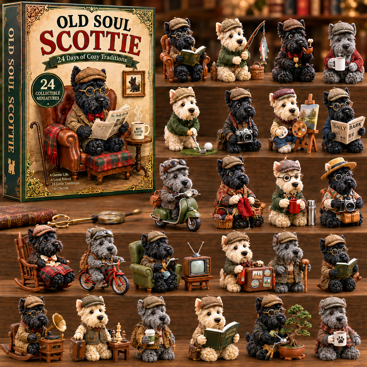 Old Soul Scottie 24-Day Advent Calendar – 24 Adorable Collectible Scottish Terrier Miniatures, Cozy Christmas Countdown Gift for Scottie Lovers & Dog Owners