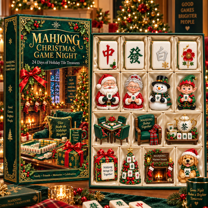 Mahjong Christmas Game Night 2026 – 24-Day Holiday Tile Treasures Countdown Calendar with 24 Unique Collectible Miniatures, Festive Gift for Mahjong Lovers & Family Game Nights