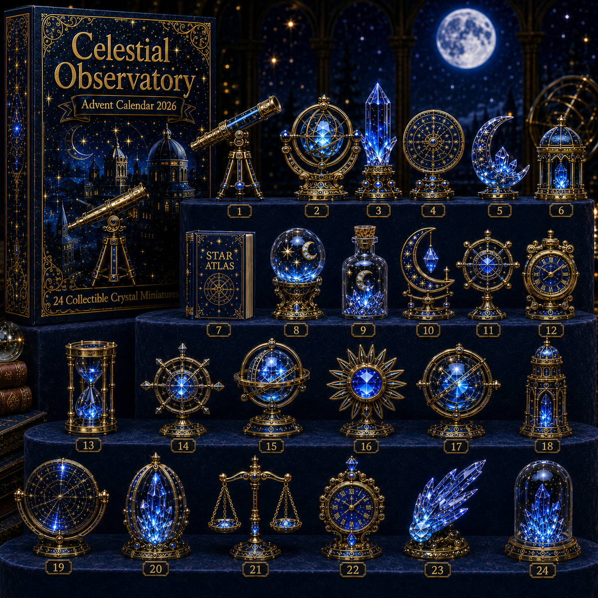 Celestial Observatory Advent Calendar 2026 – 24-Day Crystal Astronomy Miniature Collection | Moon, Stars & Cosmic Treasures