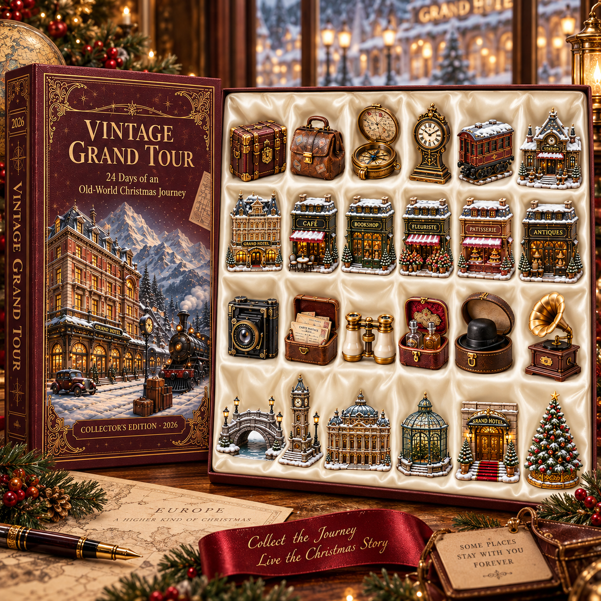 2026 Vintage Grand Tour 24-Day Countdown Calendar – 24 Unique Old-World Travel Miniatures, European Christmas Journey Collector’s Gift