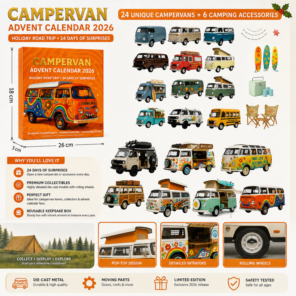 2026 Campervan Advent Calendar – 24 Vintage Mini Camper Van Collectible Figurines