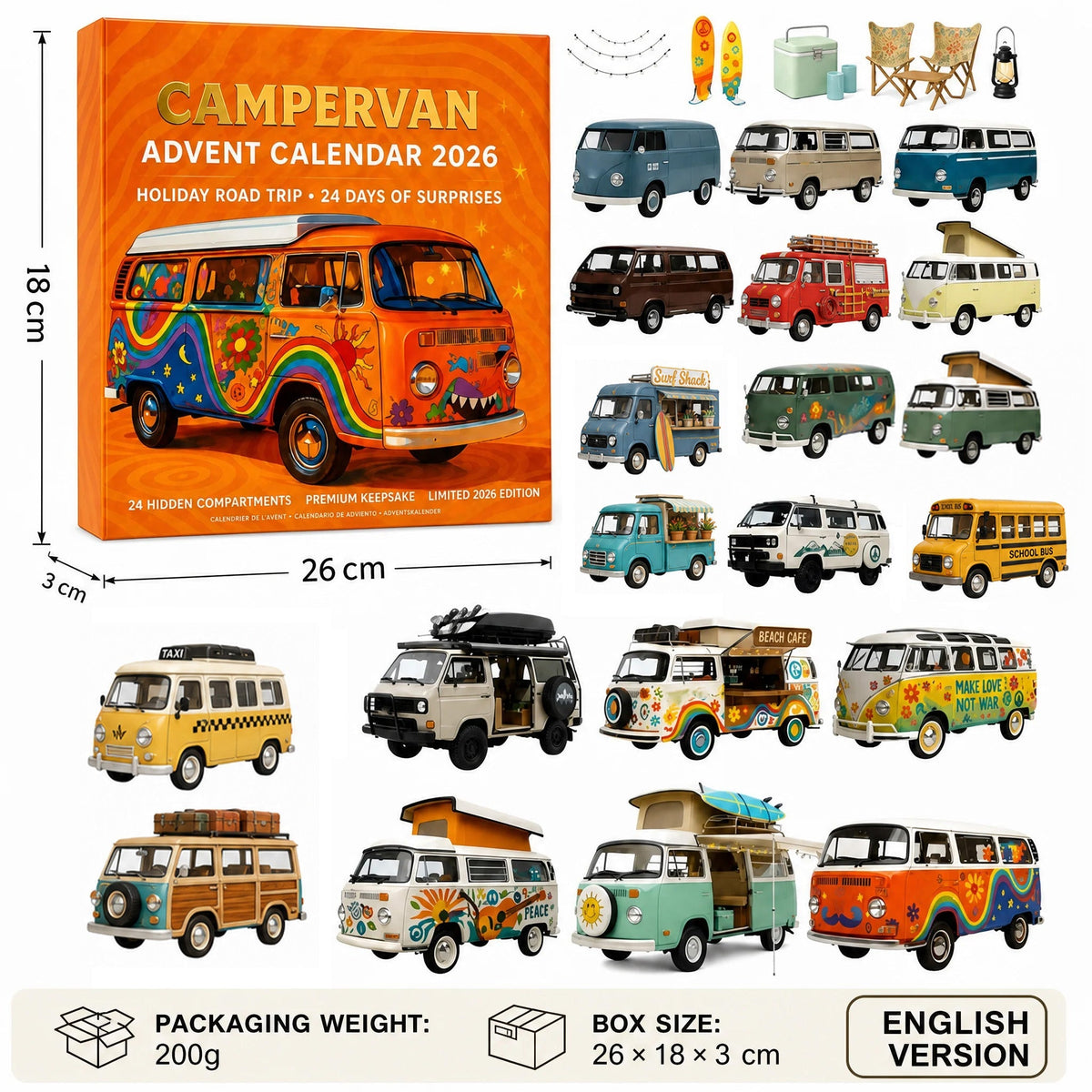 2026 Campervan Advent Calendar – 24 Vintage Mini Camper Van Collectible Figurines