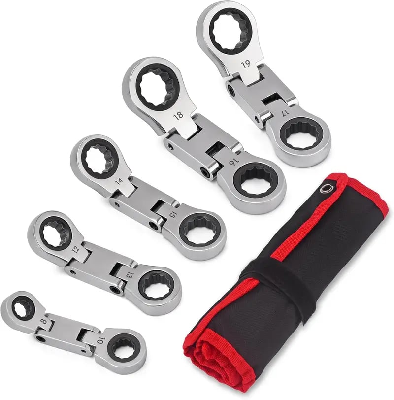 🛠️ 5-Piece Stubby Flex Head Ratchet Wrench Set | 72-Tooth Metric Mechanic Tools