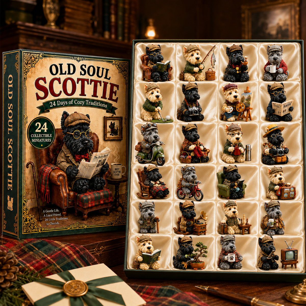 Old Soul Scottie 24-Day Advent Calendar – 24 Adorable Collectible Scottish Terrier Miniatures, Cozy Christmas Countdown Gift for Scottie Lovers & Dog Owners