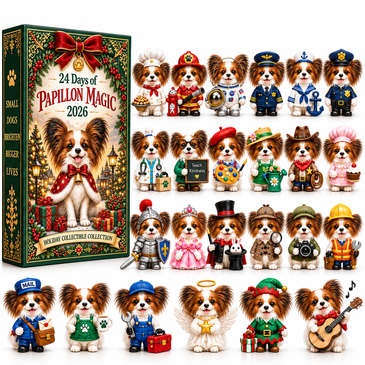 24 Days of Papillon Magic 2026 – 24-Day Christmas Countdown Calendar with 24 Unique Papillon Profession Miniatures, Holiday Collectible Gift for Dog Lovers