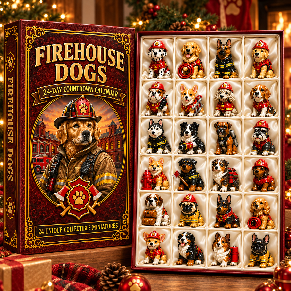 2026 Firehouse Dogs 24-Day Christmas Countdown Calendar – 24 Unique Firefighter Dog Miniatures, Heroic Canine Collector’s Gift for Dog & Firefighter Lovers