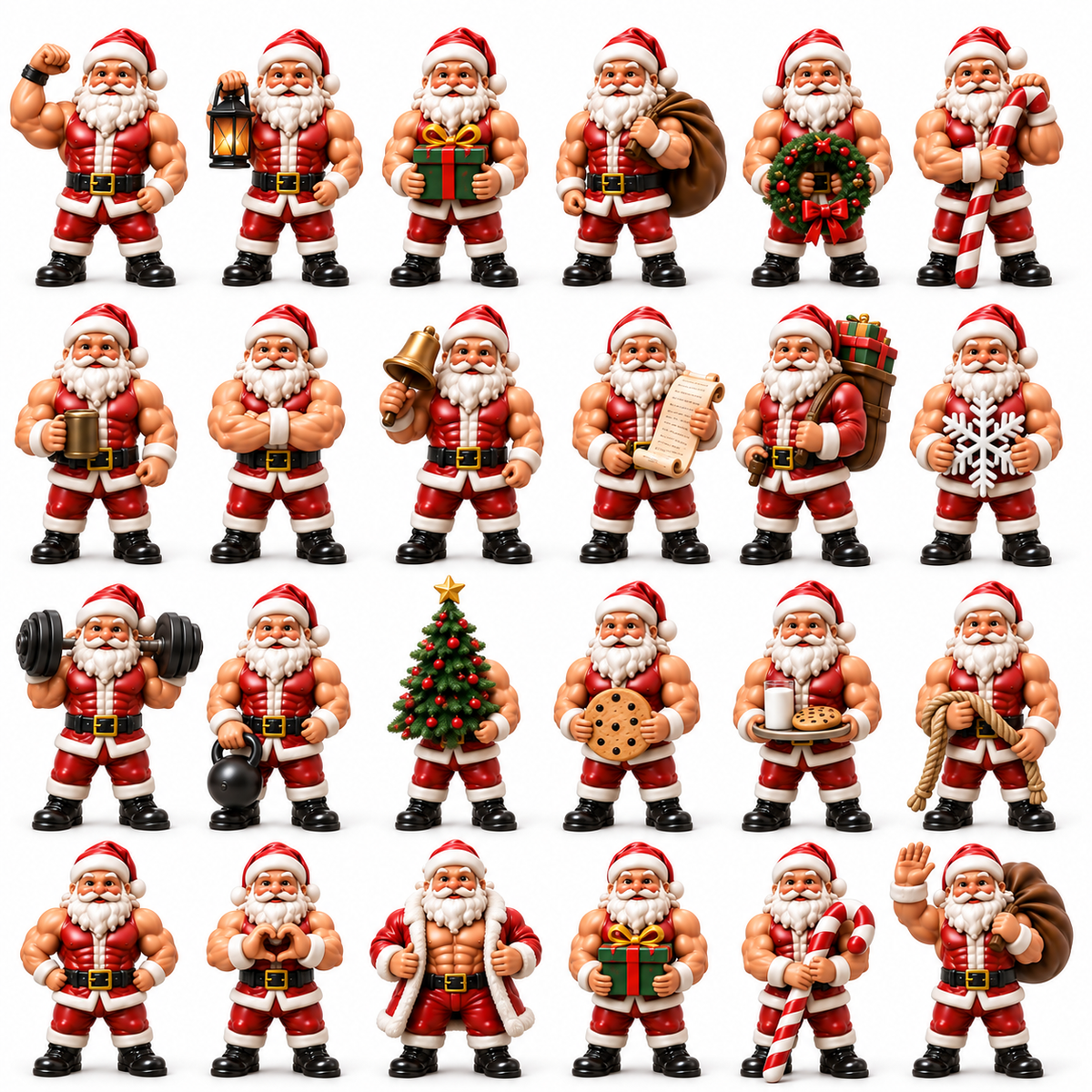 2026 Santa Strength 24-Day Countdown Calendar – 24 Unique Muscular Santa Miniatures, Funny Fitness Christmas Collectible Gift for Gym & Santa Lovers