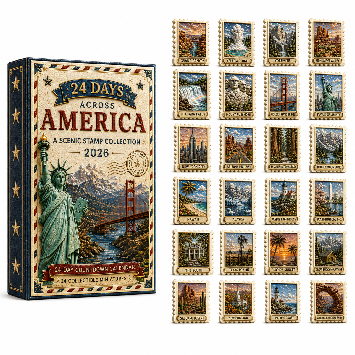 2026 24-Day Across America Advent Calendar – 24 Collectible Scenic Stamp Miniatures Featuring Iconic U.S. Landmarks, A Unique Christmas Gift for Travel Lovers & Collectors