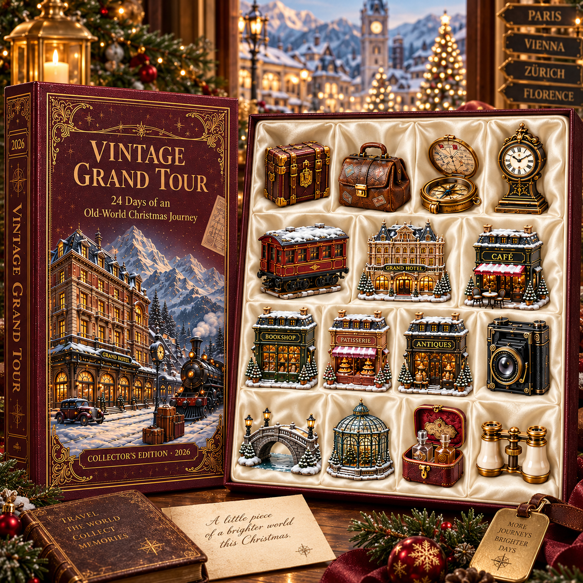 2026 Vintage Grand Tour 24-Day Countdown Calendar – 24 Unique Old-World Travel Miniatures, European Christmas Journey Collector’s Gift