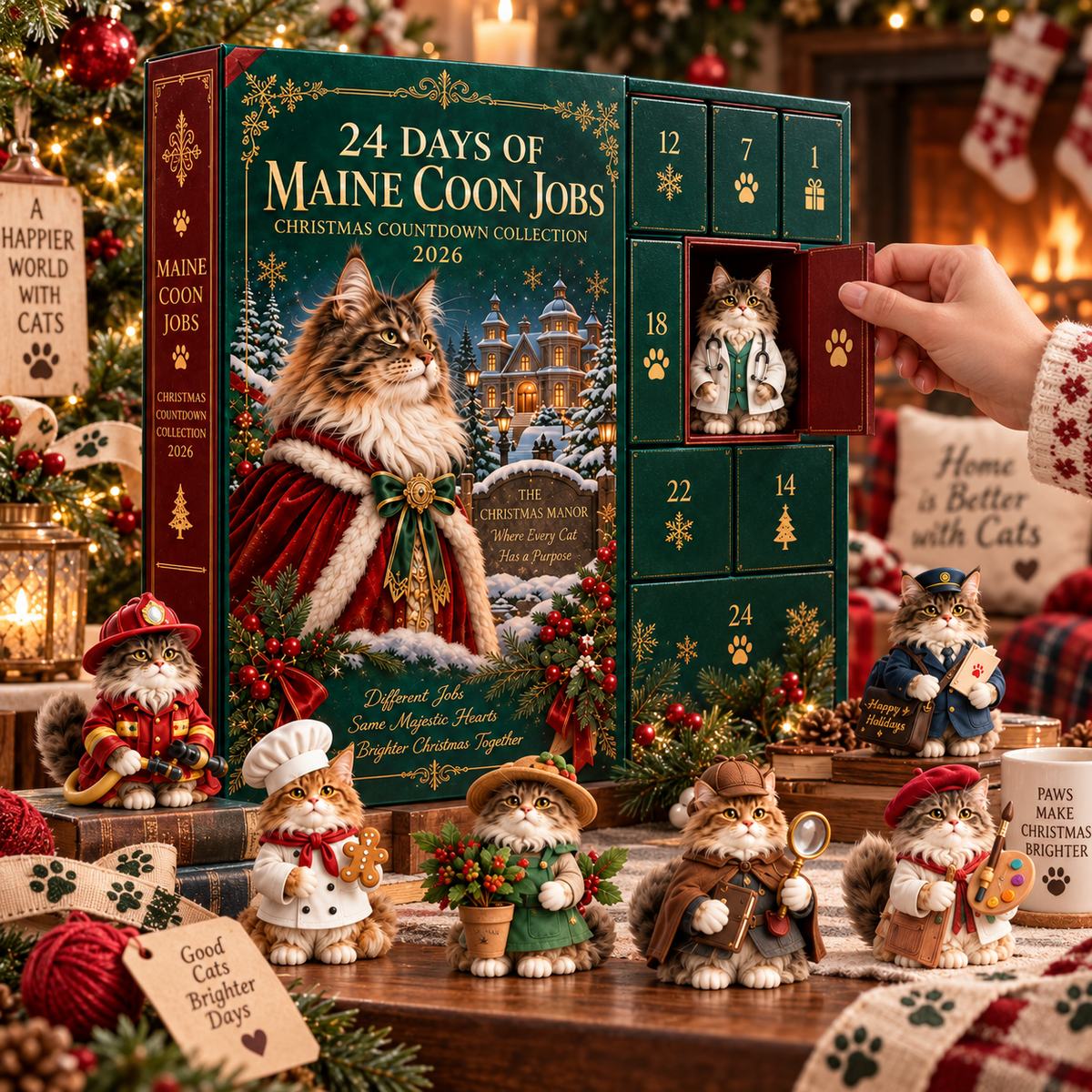 2026 Maine Coon Jobs 24-Day Christmas Countdown Calendar – 24 Unique Career Cat Miniatures, Festive Collector’s Gift for Maine Coon & Cat Lovers