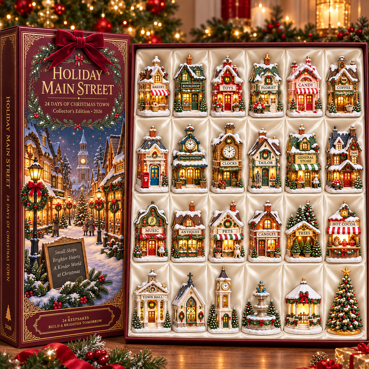 2026 Holiday Main Street 24-Day Christmas Countdown Calendar – 24 Unique Christmas Village Shop Miniatures, Charming Snowy Town Collector’s Gift