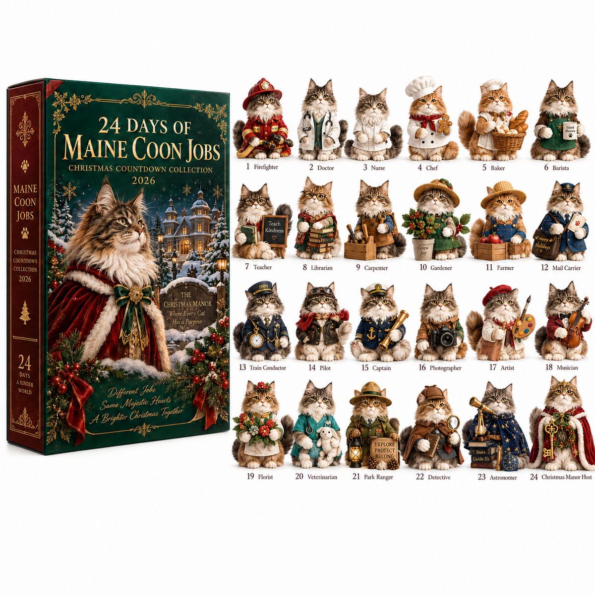 2026 Maine Coon Jobs 24-Day Christmas Countdown Calendar – 24 Unique Career Cat Miniatures, Festive Collector’s Gift for Maine Coon & Cat Lovers