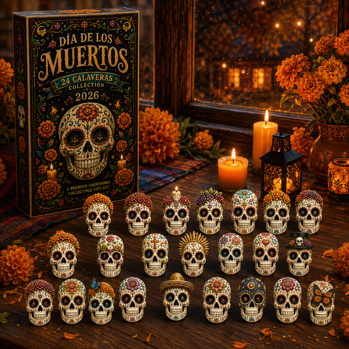 Dia de los Muertos 24-Day Advent Calendar – 24 Collectible Sugar Skull Figurines, Premium Day of the Dead Countdown Gift Set for Collectors & Holiday Lovers