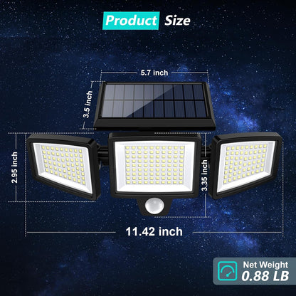Tuffenough Solar Outdoor Lights 2500LM 210 LED Security Lights with Remote Control,3 Heads Motion Sensor Lights, IP65 Waterproof,270° Wide Angle Flood Wall Lights with 3 Modes