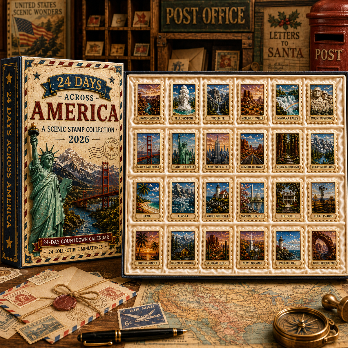 2026 24-Day Across America Advent Calendar – 24 Collectible Scenic Stamp Miniatures Featuring Iconic U.S. Landmarks, A Unique Christmas Gift for Travel Lovers & Collectors