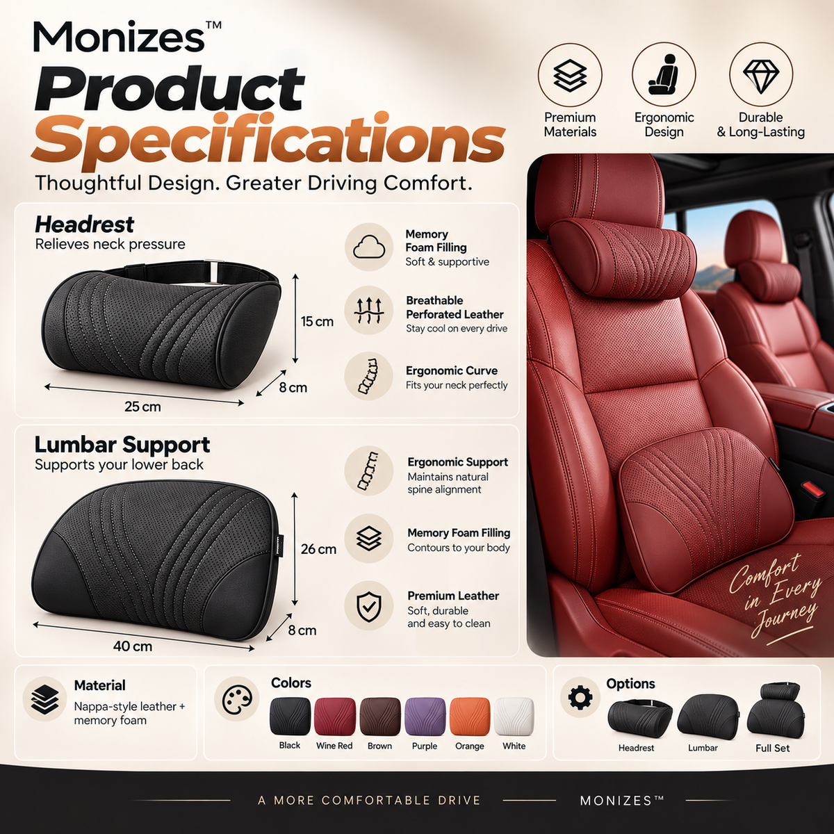 Monizes™ Ergonomisches Auto Nacken- und Lendenstützkissen aus Memory-Schaum