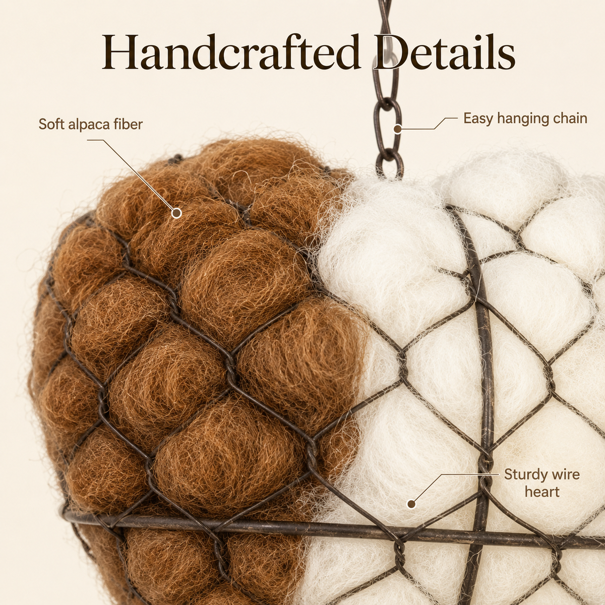 Close view of alpaca fiber and wire nesting heart