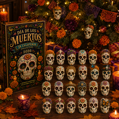 Dia de los Muertos 24-Day Advent Calendar – 24 Collectible Sugar Skull Figurines, Premium Day of the Dead Countdown Gift Set for Collectors & Holiday Lovers
