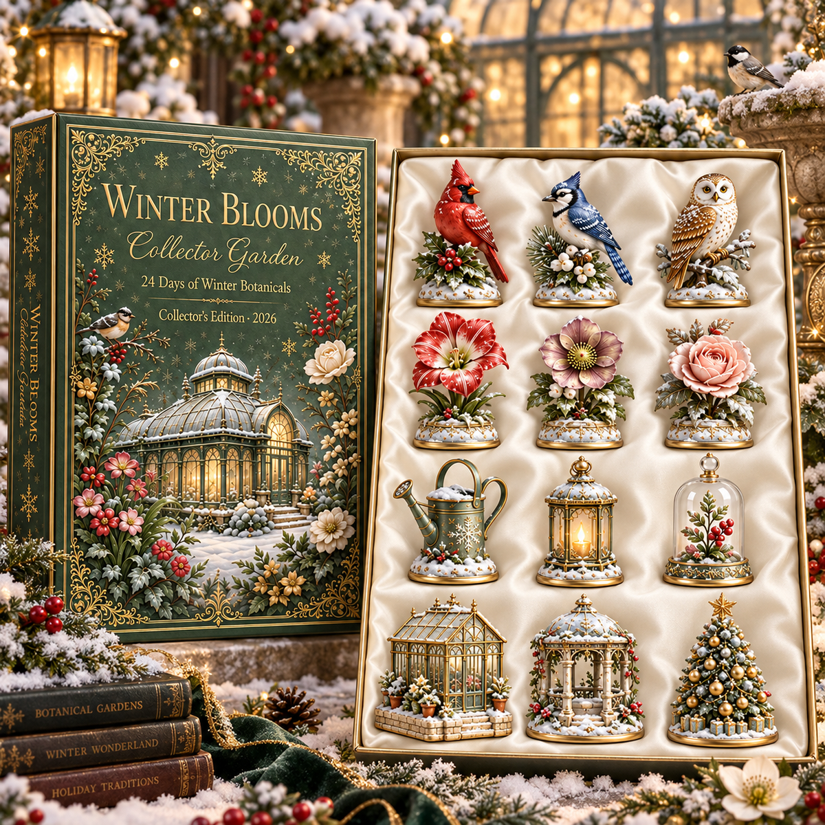 2026 Winter Blooms Collector Garden 24-Day Countdown Calendar – 24 Unique Winter Birds, Flowers & Garden Miniatures, Elegant Botanical Christmas Gift