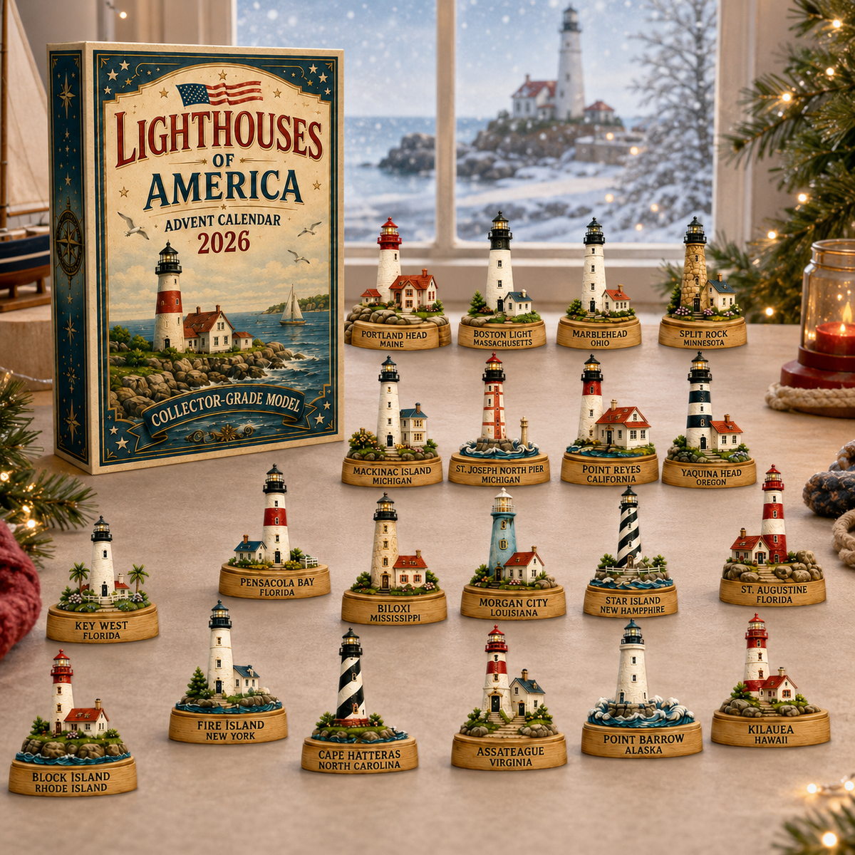 Lighthouses of America Advent Calendar 2026 – 24-Day Coastal Heritage Countdown, Collector-Grade Lighthouse Miniatures