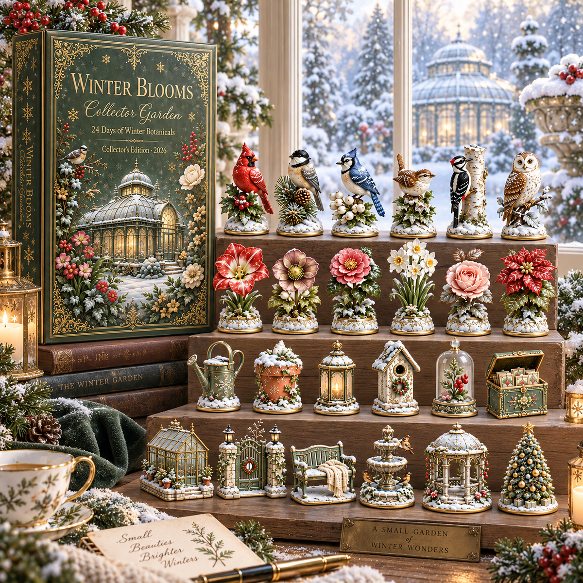 2026 Winter Blooms Collector Garden 24-Day Countdown Calendar – 24 Unique Winter Birds, Flowers & Garden Miniatures, Elegant Botanical Christmas Gift