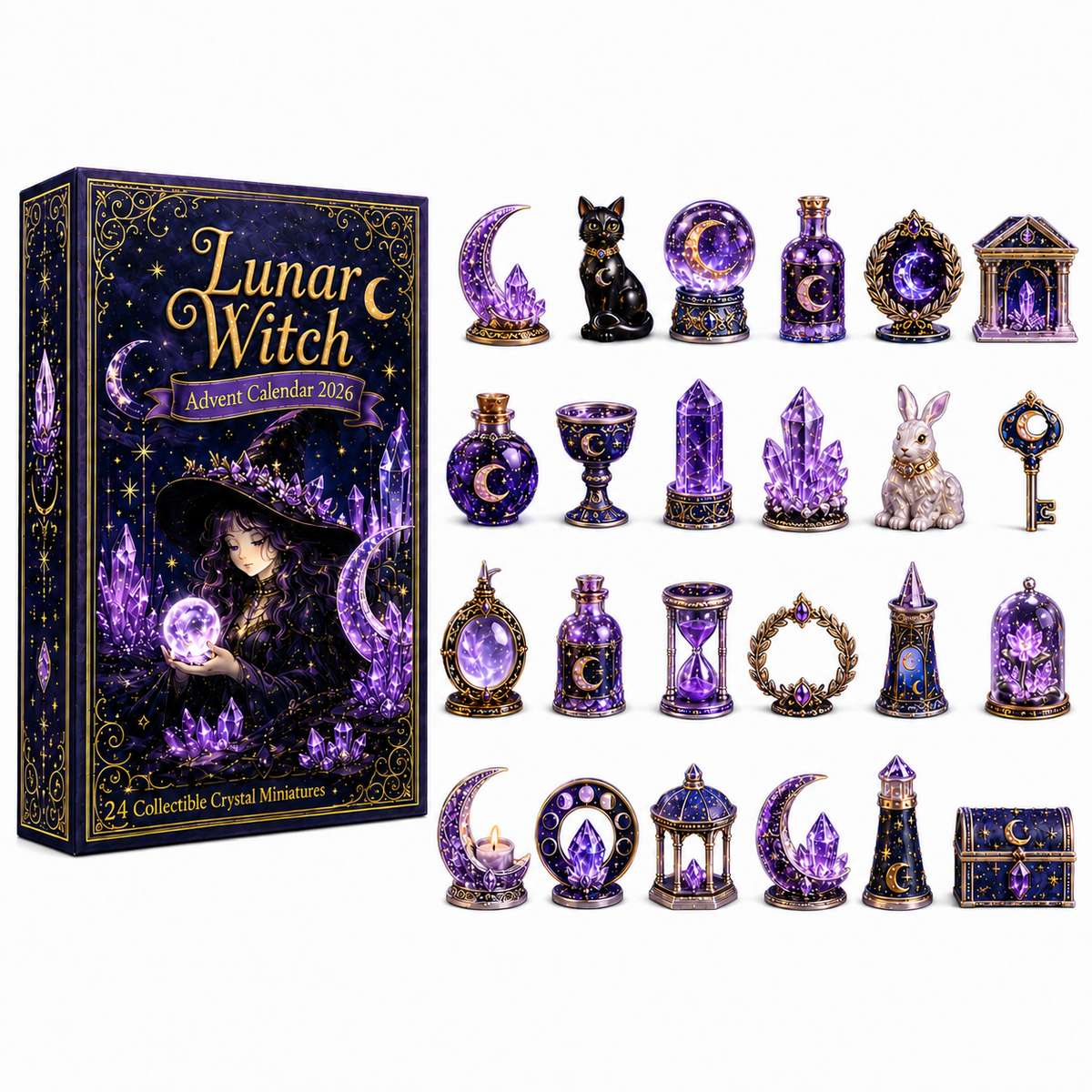 Lunar Witch Advent Calendar 2026 – 24 Enchanted Crystal Miniatures for a Magical Moonlit Countdown