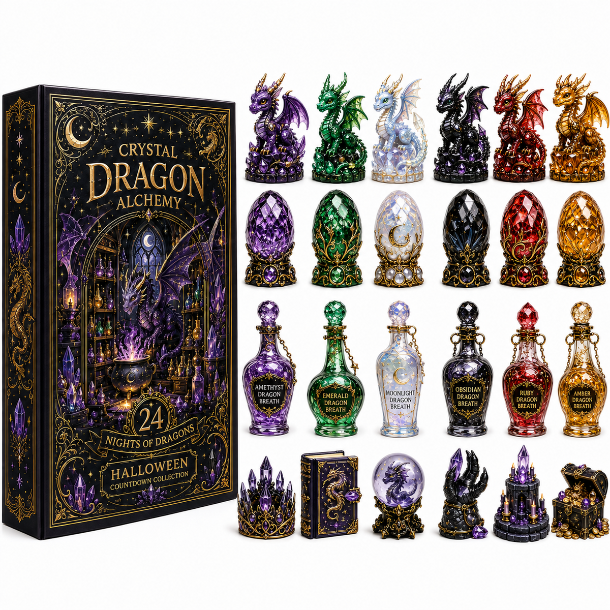 Crystal Dragon Alchemy Halloween Countdown Collection – 24 Nights of Dragons, Crystal Eggs & Magical Potion Miniatures for Fantasy Collectors