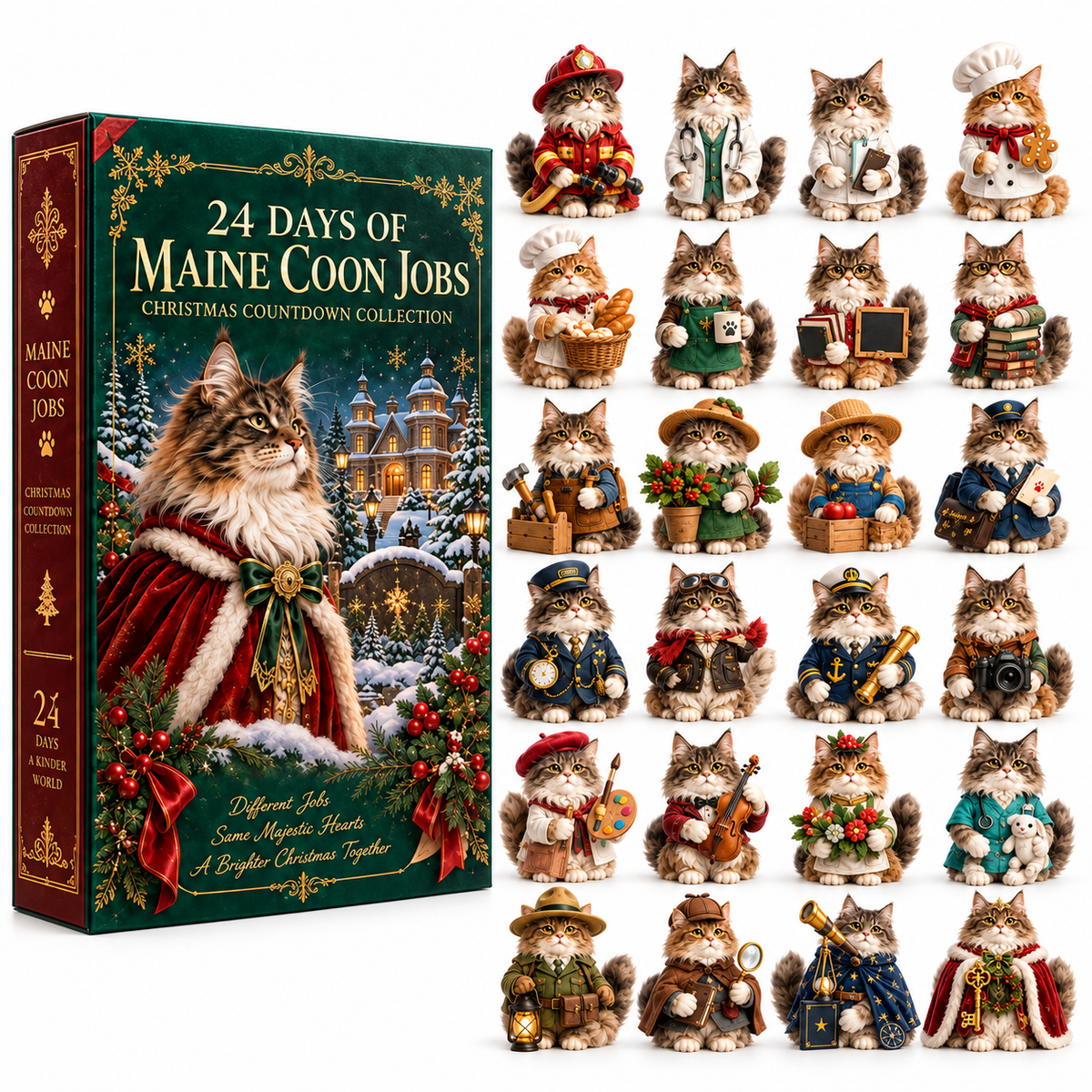 2026 Maine Coon Jobs 24-Day Christmas Countdown Calendar – 24 Unique Career Cat Miniatures, Festive Collector’s Gift for Maine Coon & Cat Lovers