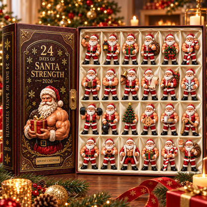 2026 Santa Strength 24-Day Countdown Calendar – 24 Unique Muscular Santa Miniatures, Funny Fitness Christmas Collectible Gift for Gym & Santa Lovers