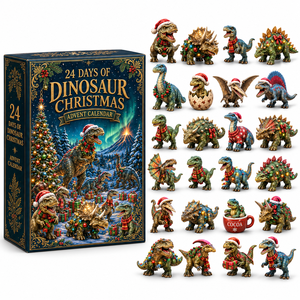 2026 Dinosaur Christmas 24-Day Countdown Calendar – 24 Unique Festive Dinosaur Miniatures, Fun Prehistoric Advent Collection & Christmas Gift for Dinosaur Lovers