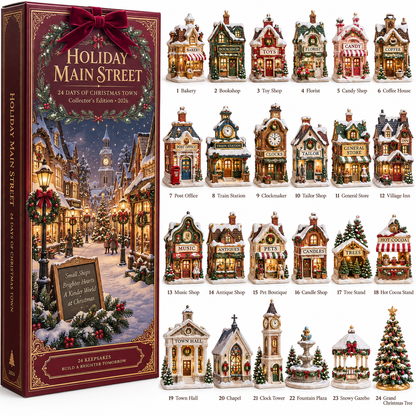 2026 Holiday Main Street 24-Day Christmas Countdown Calendar – 24 Unique Christmas Village Shop Miniatures, Charming Snowy Town Collector’s Gift