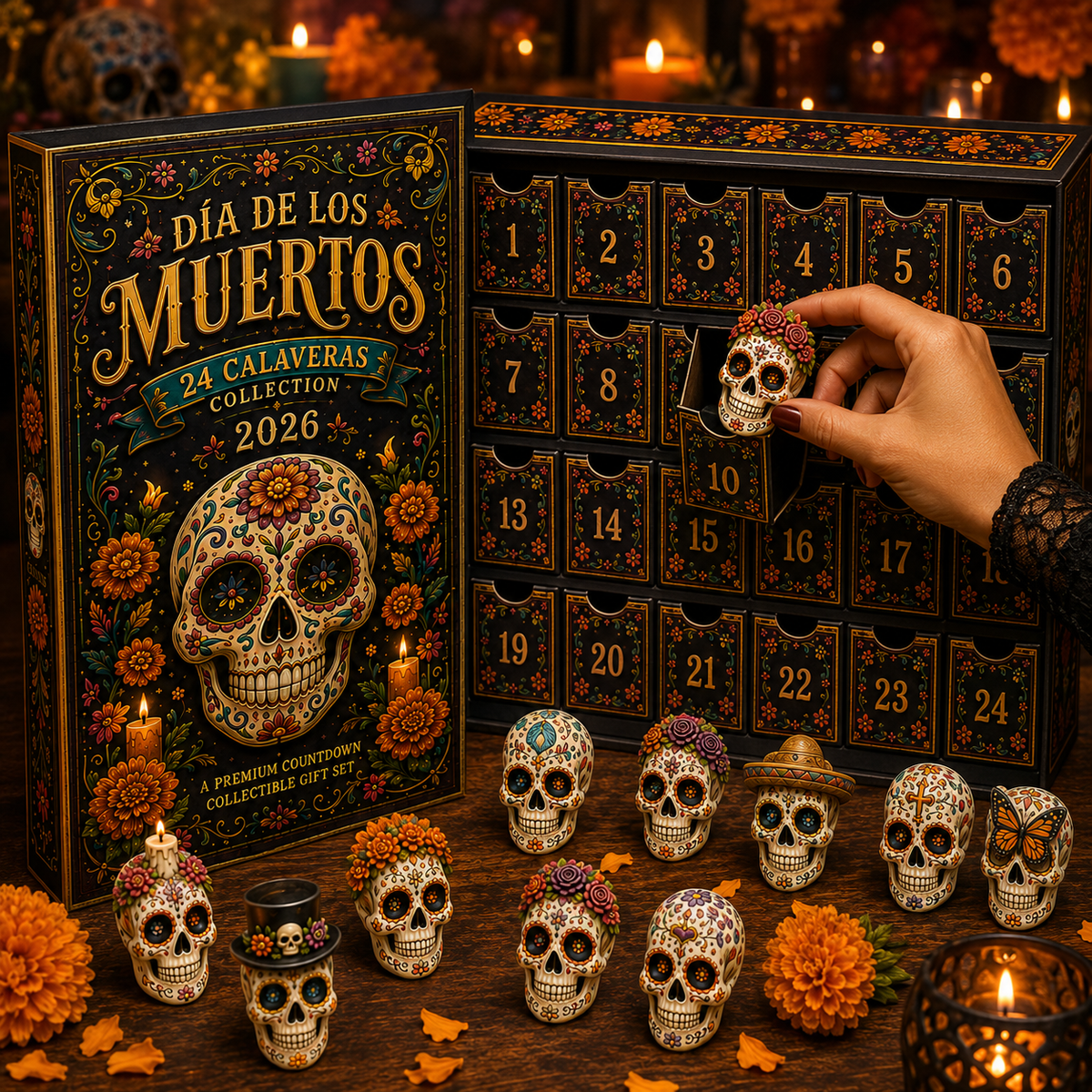 Dia de los Muertos 24-Day Advent Calendar – 24 Collectible Sugar Skull Figurines, Premium Day of the Dead Countdown Gift Set for Collectors & Holiday Lovers