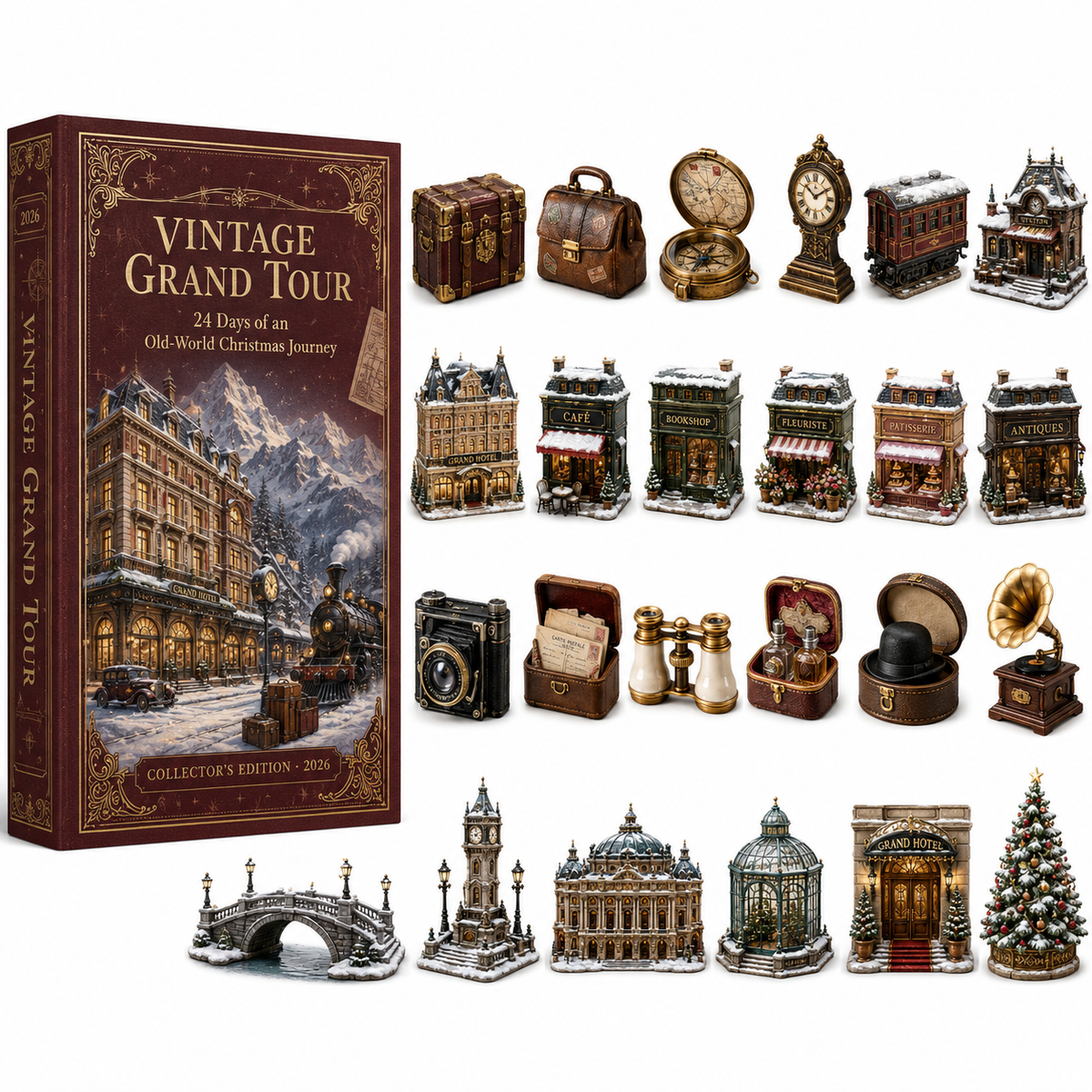 2026 Vintage Grand Tour 24-Day Countdown Calendar – 24 Unique Old-World Travel Miniatures, European Christmas Journey Collector’s Gift