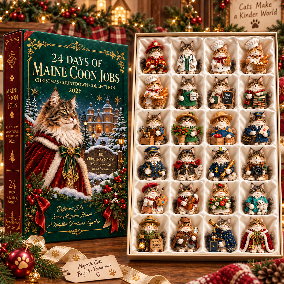 2026 Maine Coon Jobs 24-Day Christmas Countdown Calendar – 24 Unique Career Cat Miniatures, Festive Collector’s Gift for Maine Coon & Cat Lovers