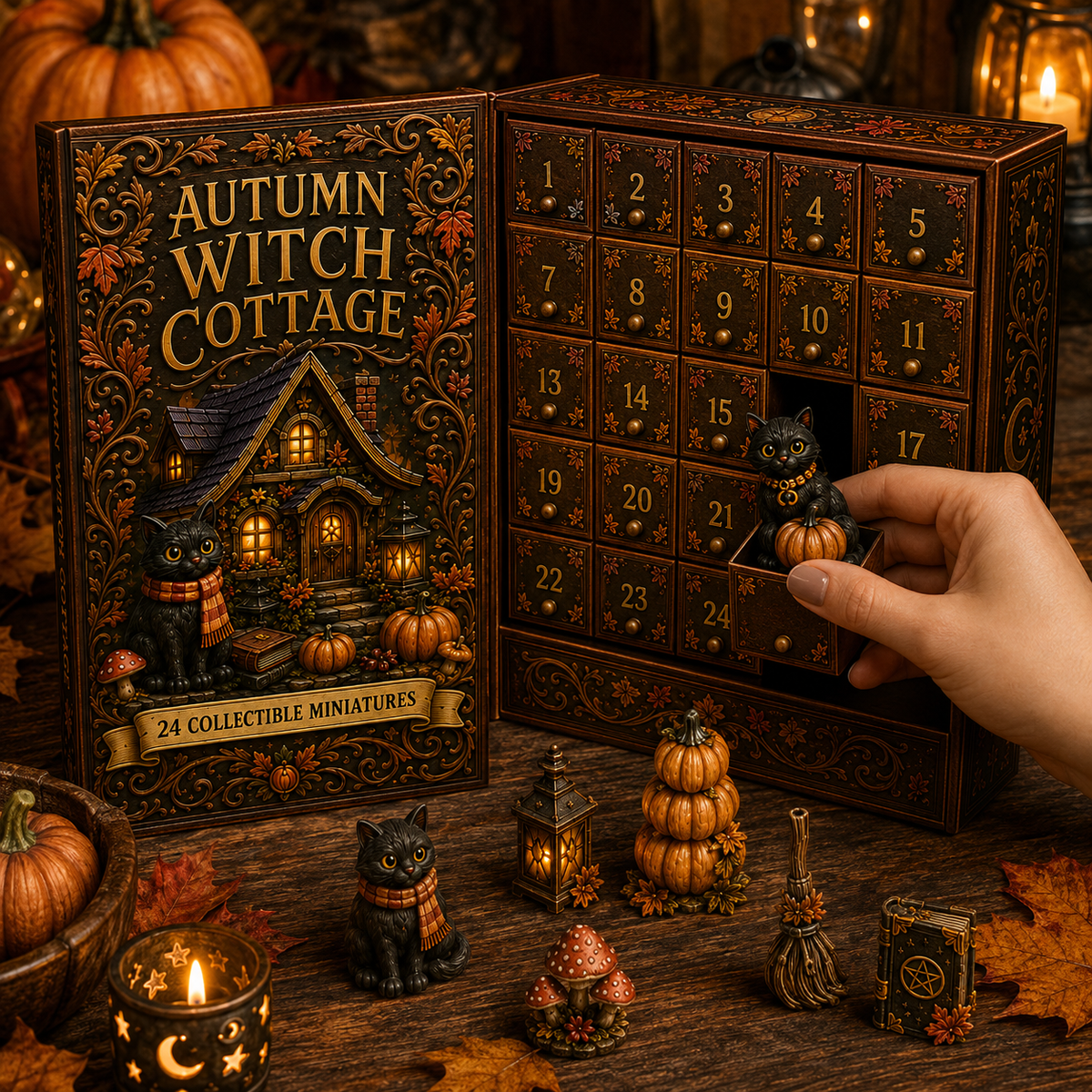 Autumn Witch Cottage Advent Calendar 2026 – 24 Cozy Witchy Miniatures, Black Cat Collectibles & Magical Fall Cottage Surprises,