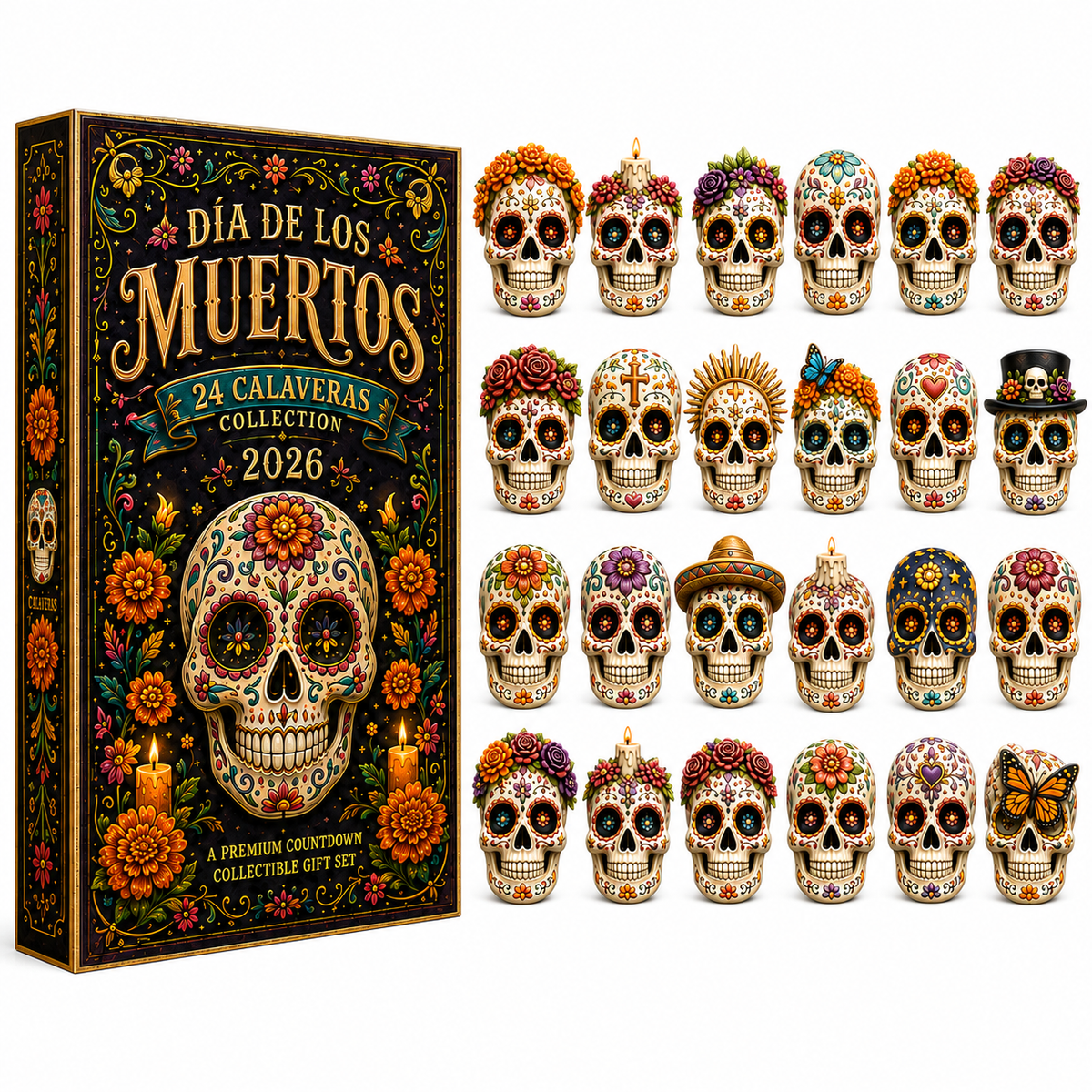 Dia de los Muertos 24-Day Advent Calendar – 24 Collectible Sugar Skull Figurines, Premium Day of the Dead Countdown Gift Set for Collectors & Holiday Lovers