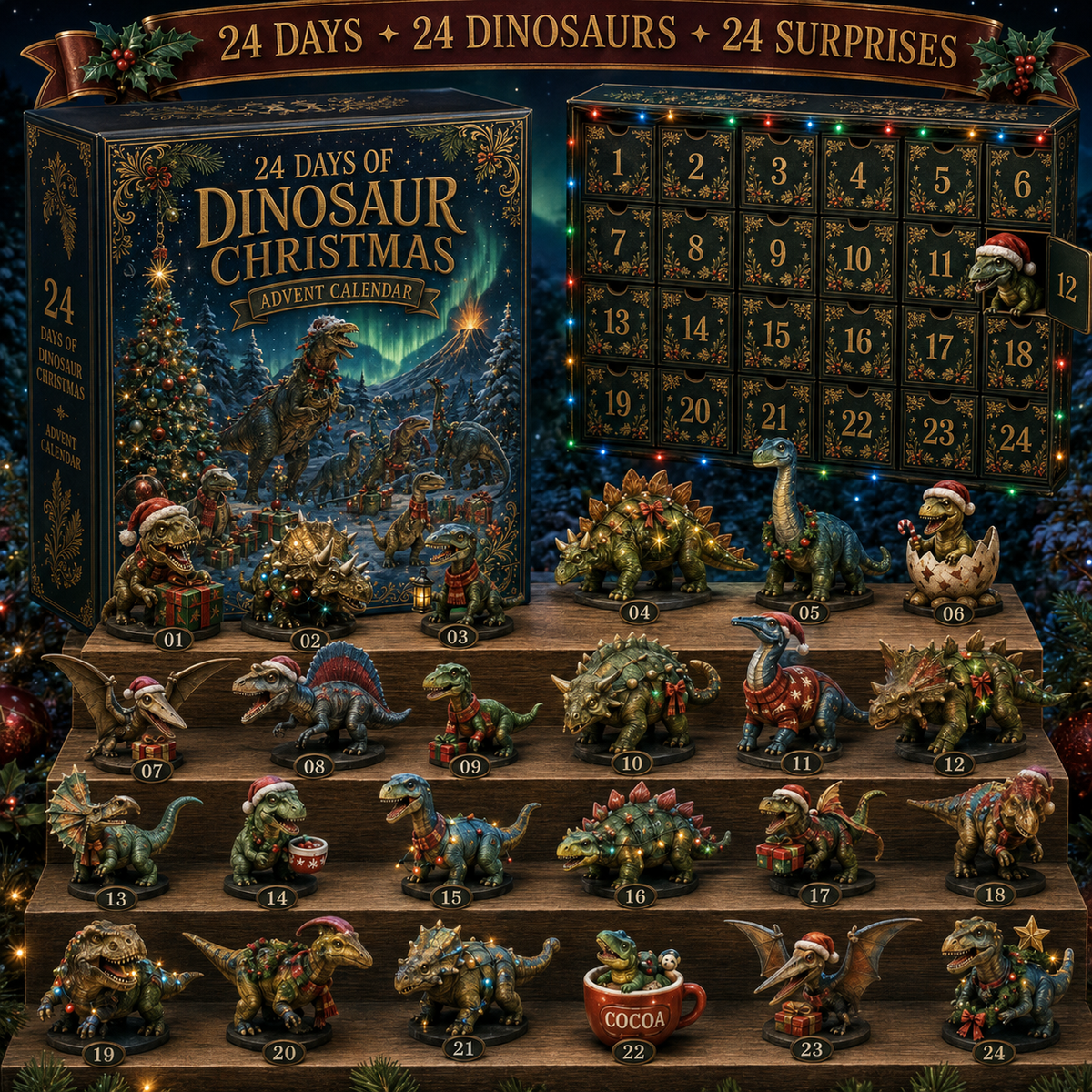 2026 Dinosaur Christmas 24-Day Countdown Calendar – 24 Unique Festive Dinosaur Miniatures, Fun Prehistoric Advent Collection & Christmas Gift for Dinosaur Lovers