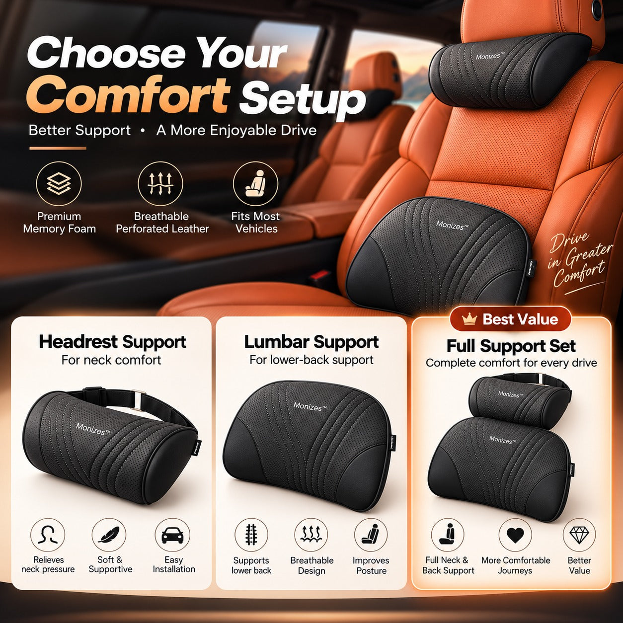Monizes headrest lumbar support and complete comfort set options
