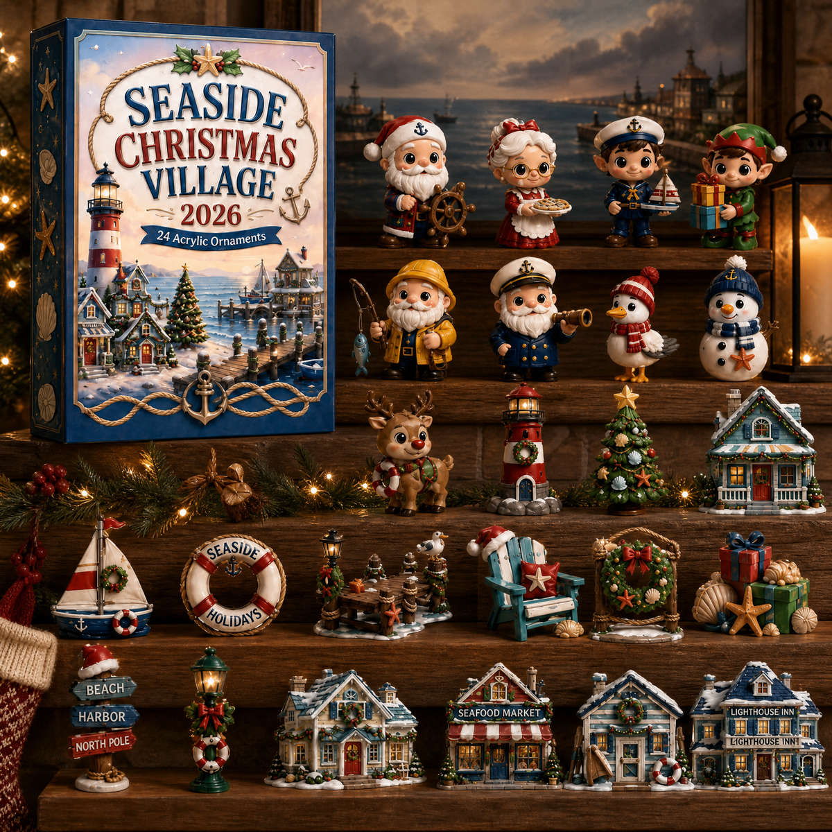 Seaside Christmas Village Advent Calendar 2026 - 24-Day Festive Countdown, Acrylic Charms Blind Box