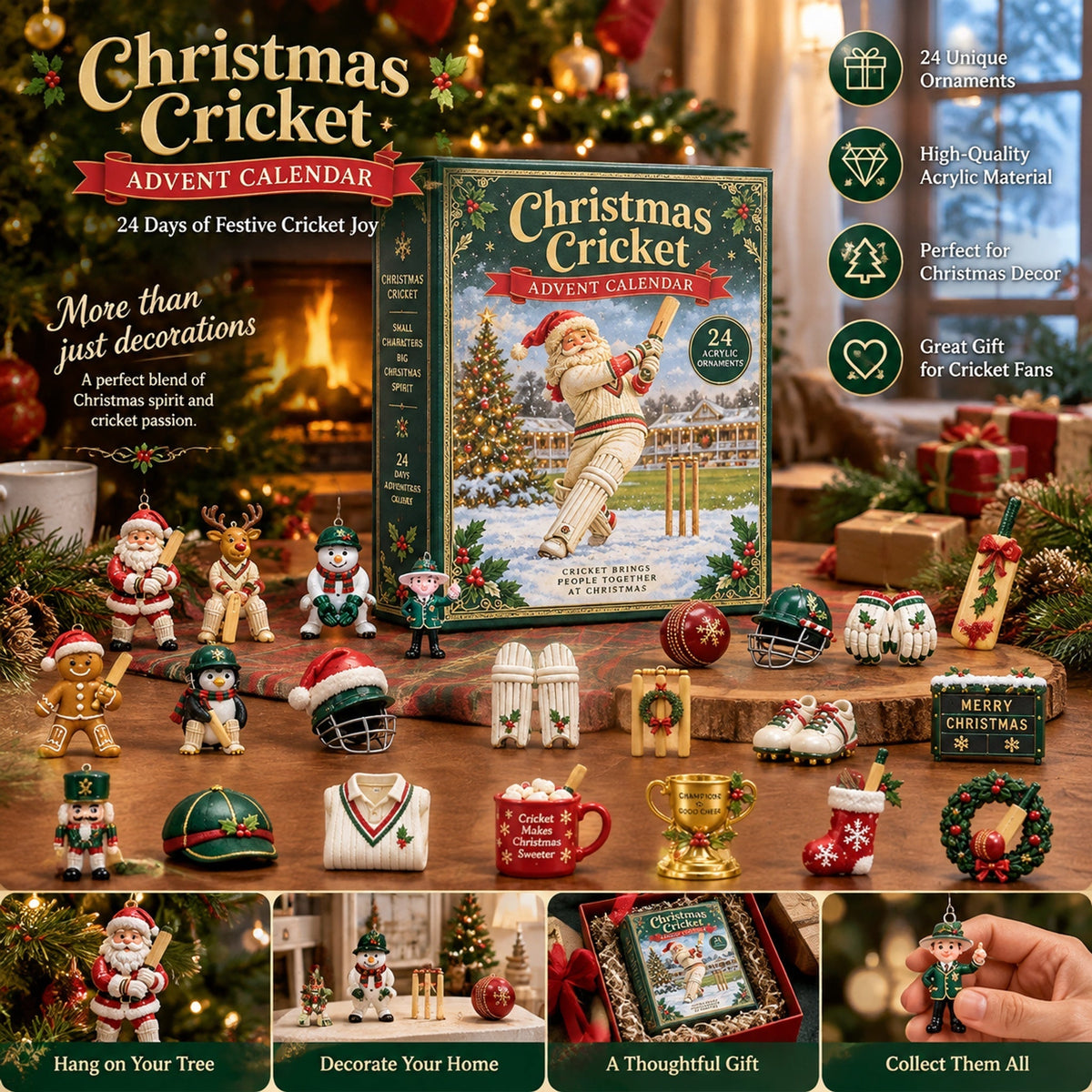 Christmas Cricket Advent Calendar 2026 - 24-Day Festive Countdown, Acrylic Charms Blind Box - Gift For Cricket Lovers AC0NT296